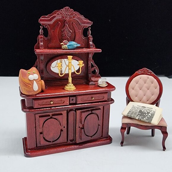 Antique Style Miniature Dollhouse Furniture Hutch Chair & Accessories - Picture 2 of 10